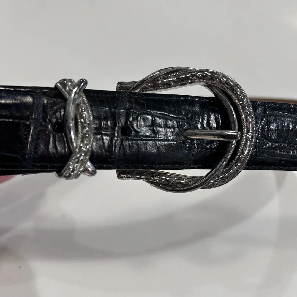 Brighton Classic Leather Belt Black Silver Size ML 32 VIntage Western 90s Indie